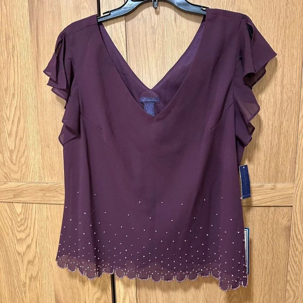 Metaphor Eggplant Purple Beaded Embroidered V-Neck Party XL wedding evening top